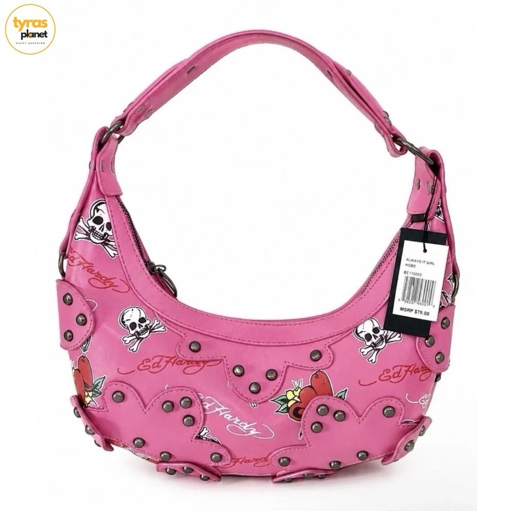 Ed Hardy Pink Studded Hobo Shoulder Bag Purse Skull & Heart Print Zip NWT